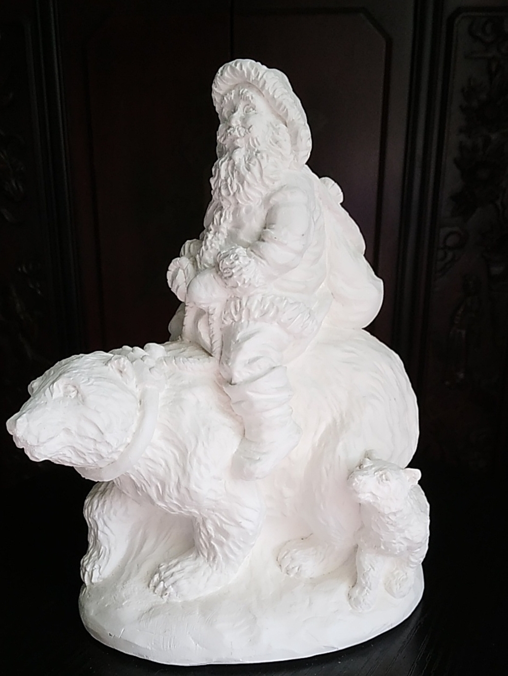 White Santa on Polar Bear Plaster Sculpture
